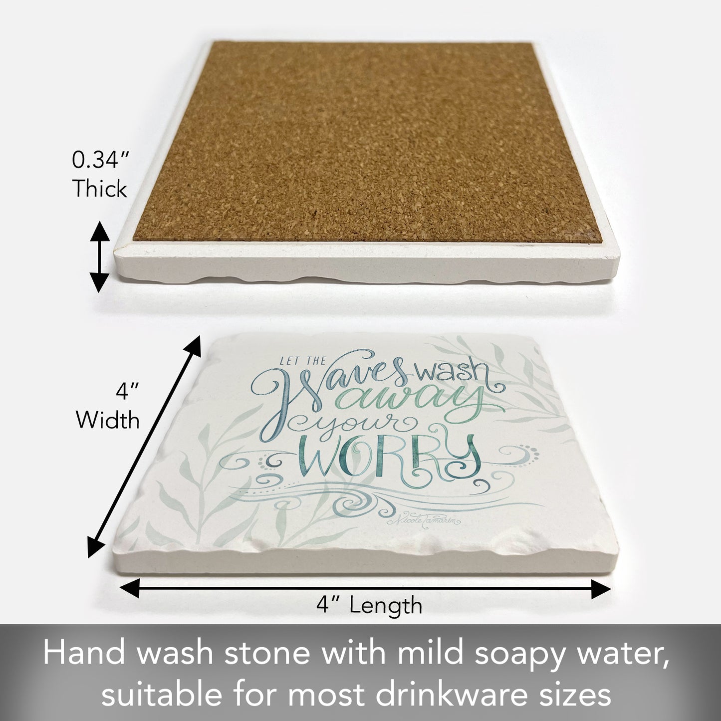 Thirstystone Waves Wash Single Tumbled Tile Stone Coaster with Protective Cork Backing Manufactured in The USA 4" Square, Colorful, Artistic, Easily Wipes Clean