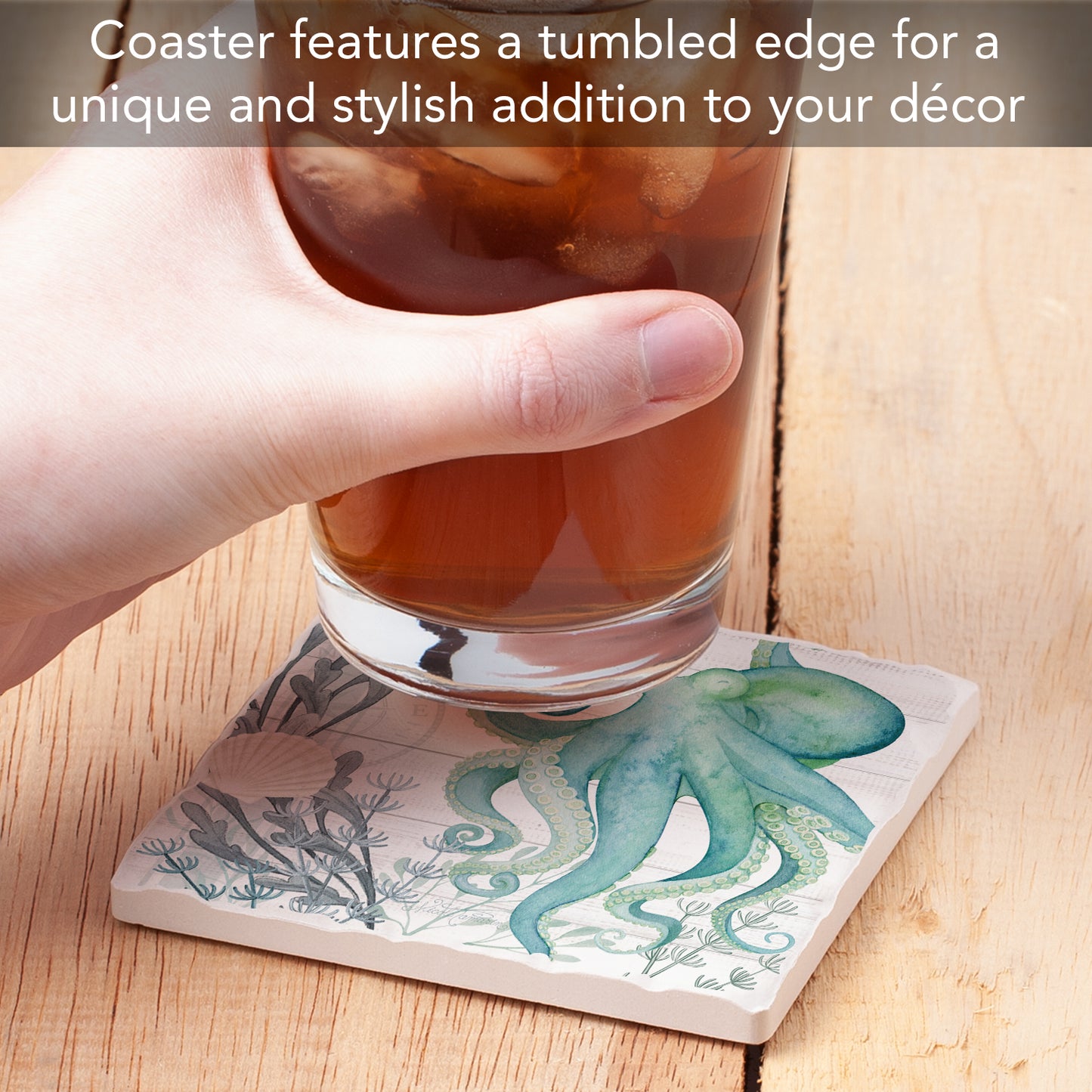 Thirstystone Beach Therapy Octopus Single Tumbled Tile Stone Coaster with Protective Cork Backing Manufactured in The USA 4" Square, Colorful, Artistic, Easily Wipes Clean