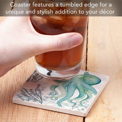 Thirstystone Beach Therapy Octopus Single Tumbled Tile Stone Coaster with Protective Cork Backing Manufactured in The USA 4" Square, Colorful, Artistic, Easily Wipes Clean