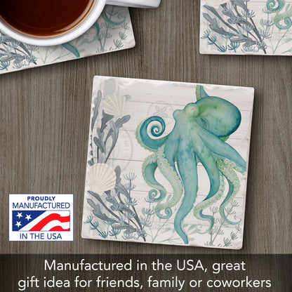 Thirstystone Beach Therapy Octopus Single Tumbled Tile Stone Coaster with Protective Cork Backing Manufactured in The USA 4" Square, Colorful, Artistic, Easily Wipes Clean
