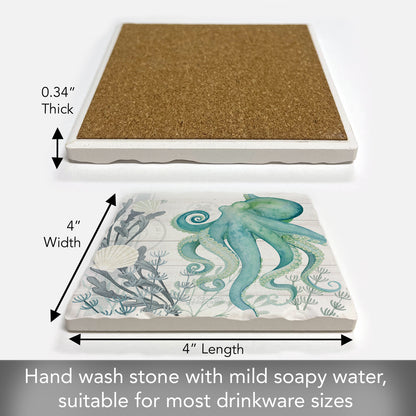 Thirstystone Beach Therapy Octopus Single Tumbled Tile Stone Coaster with Protective Cork Backing Manufactured in The USA 4" Square, Colorful, Artistic, Easily Wipes Clean