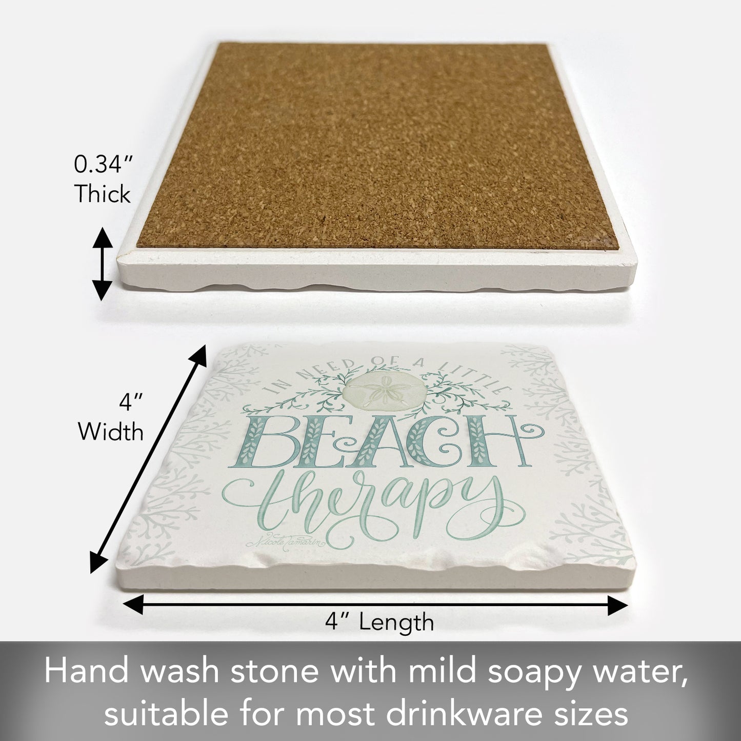 Thirstystone Beach Therapy Single Tumbled Tile Stone Coaster with Protective Cork Backing Manufactured in The USA 4" Square, Colorful, Artistic, Easily Wipes Clean