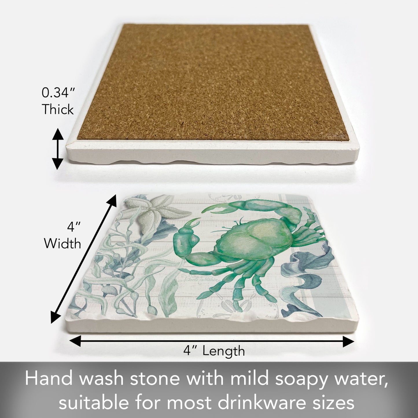 Thirstystone Beach Therapy Crab Single Tumbled Tile Stone Coaster with Protective Cork Backing Manufactured in The USA 4" Square, Colorful, Artistic, Easily Wipes Clean