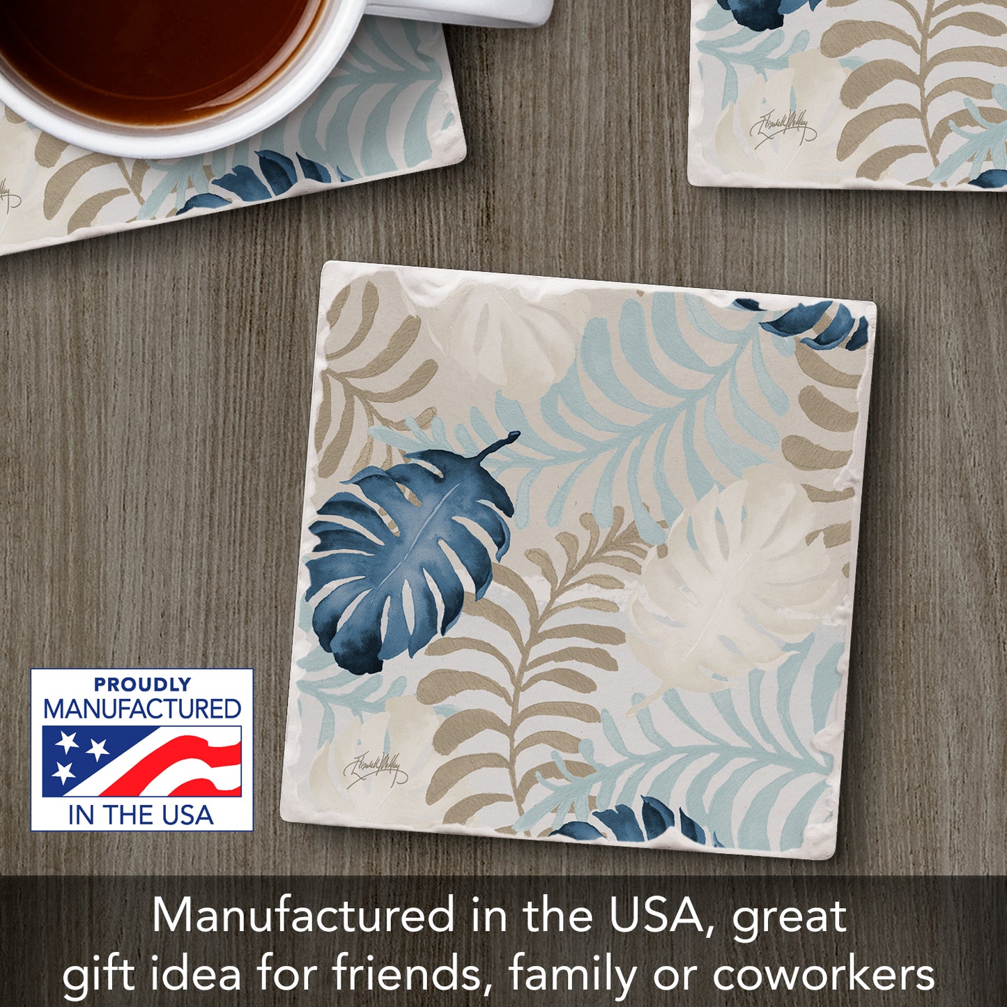 Thirstystone Blue Havana Palm Single Tumbled Tile Stone Coaster with Protective Cork Backing Manufactured in The USA 4" Square, Colorful, Artistiic, Easily Wipes Clean