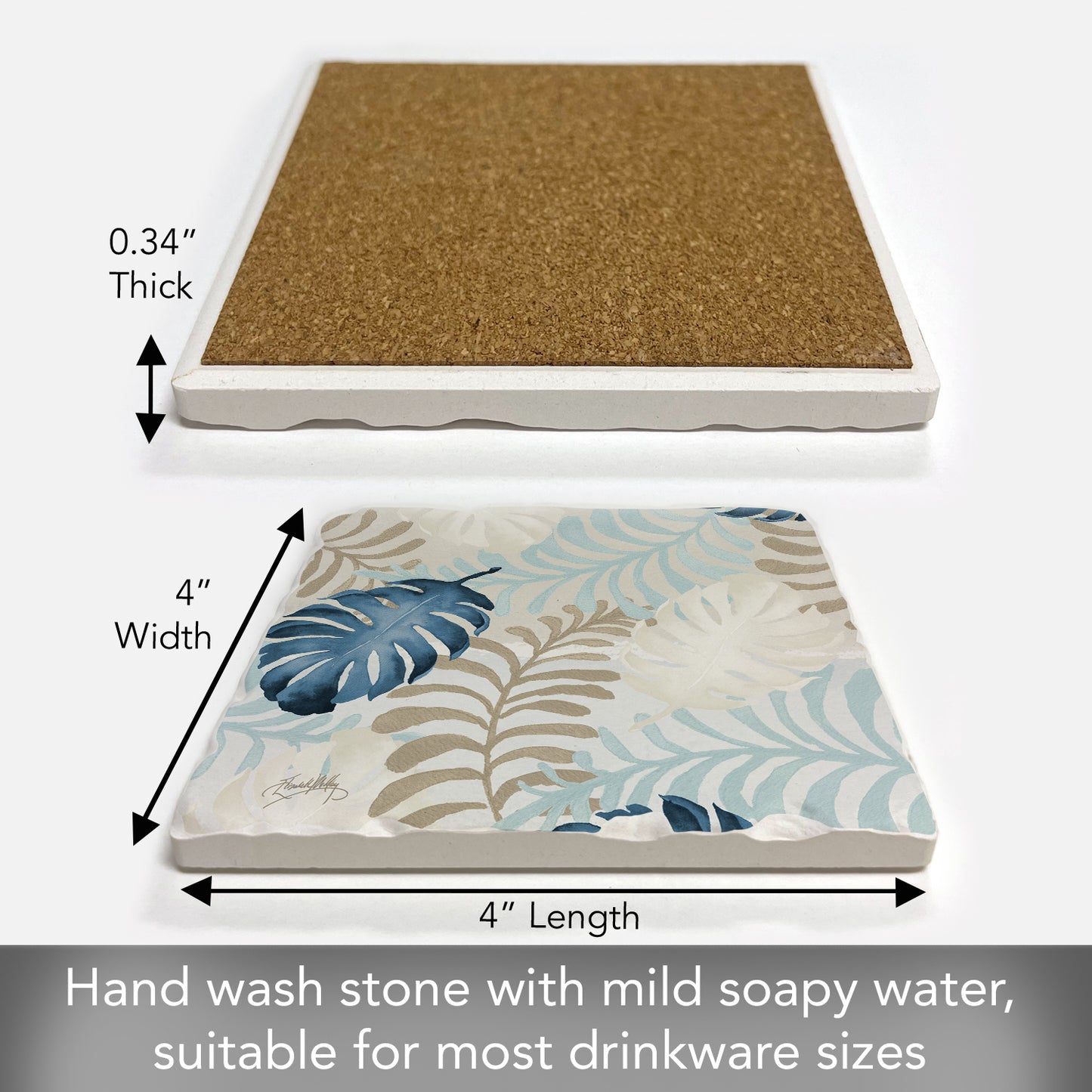 Thirstystone Blue Havana Palm Single Tumbled Tile Stone Coaster with Protective Cork Backing Manufactured in The USA 4" Square, Colorful, Artistiic, Easily Wipes Clean