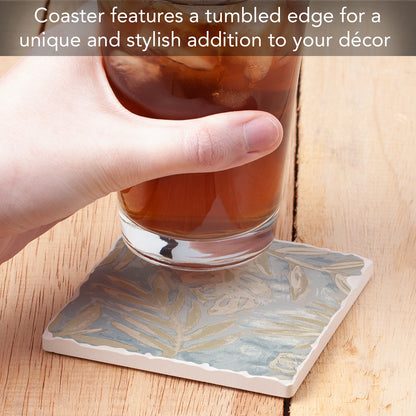 Thirstystone Coastal Leaves Single Tumbled Tile Stone Coaster with Protective Cork Backing Manufactured in The USA 4" Square, Colorful, Artistiic, Easily Wipes Clean