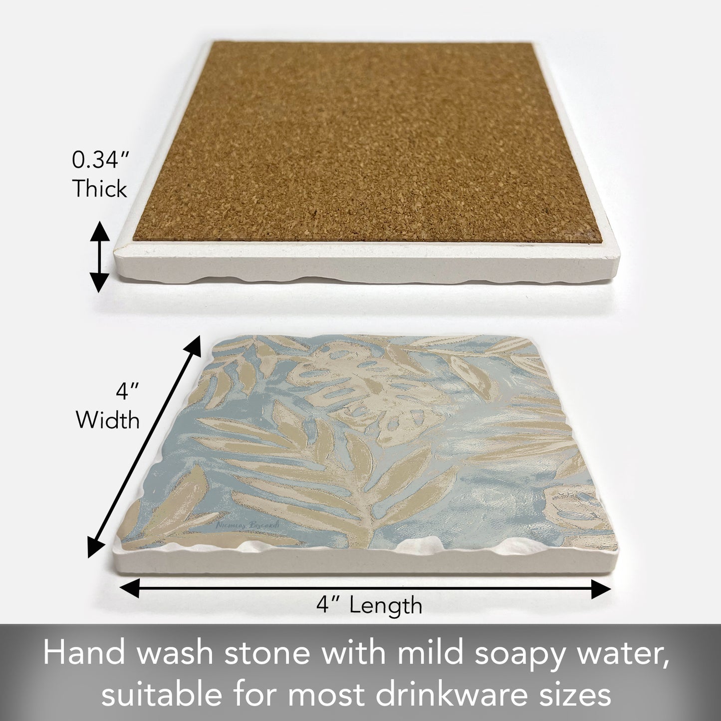 Thirstystone Coastal Leaves Single Tumbled Tile Stone Coaster with Protective Cork Backing Manufactured in The USA 4" Square, Colorful, Artistiic, Easily Wipes Clean