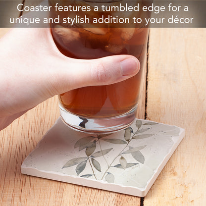 Thirstystone Neutral Botanicals Design I Single Tumbled Tile Stone Coaster with Protective Cork Backing Manufactured in The USA 4" Square, Colorful, Artistiic, Easily Wipes Clean