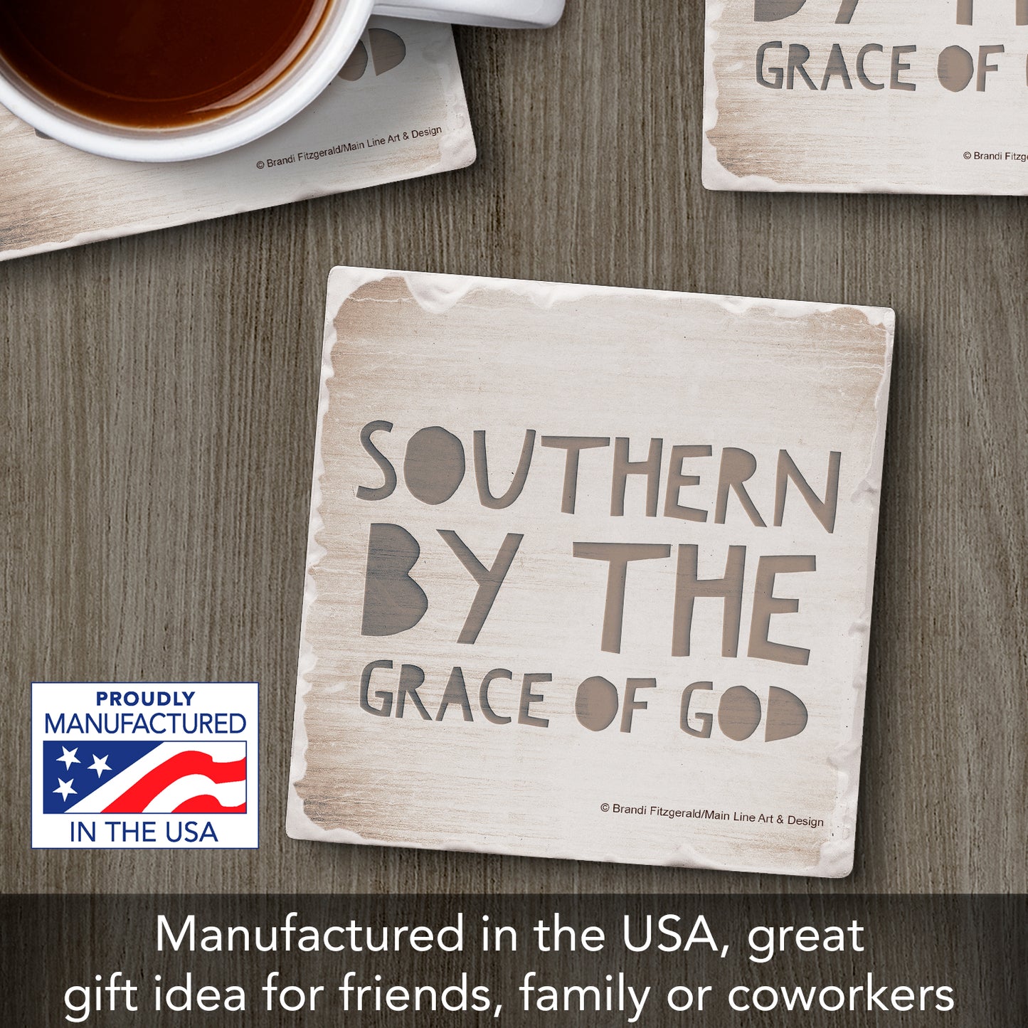Thirstystone Southern by Grace Single Tumbled Tile Stone Coaster with Protective Cork Backing Manufactured in The USA 4" Square, Artistic, Easily Wipes Clean