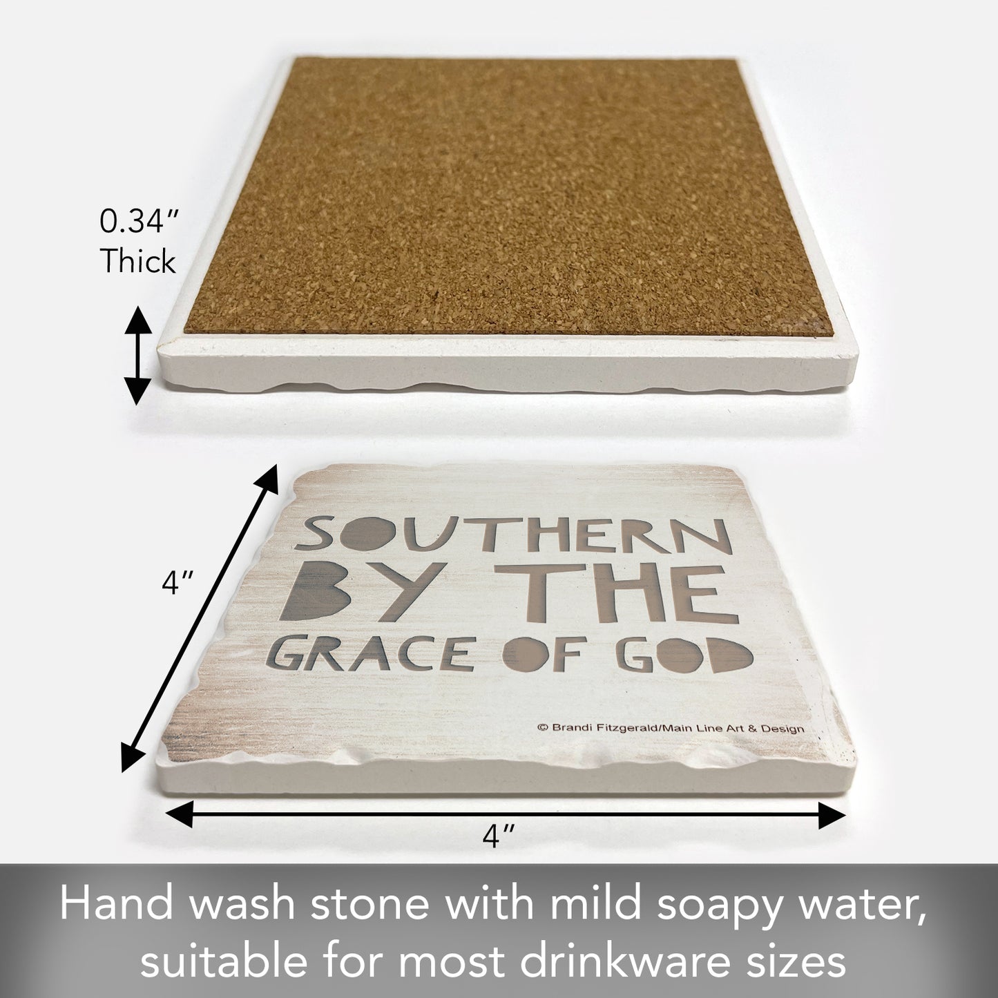 Thirstystone Southern by Grace Single Tumbled Tile Stone Coaster with Protective Cork Backing Manufactured in The USA 4" Square, Artistic, Easily Wipes Clean