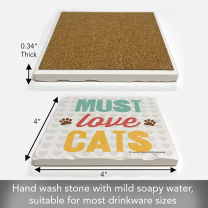Thirstystone Must Love Cats Single Tumbled Tile Stone Coaster with Protective Cork Backing Manufactured in The USA 4" Square, Artistic, Easily Wipes Clean