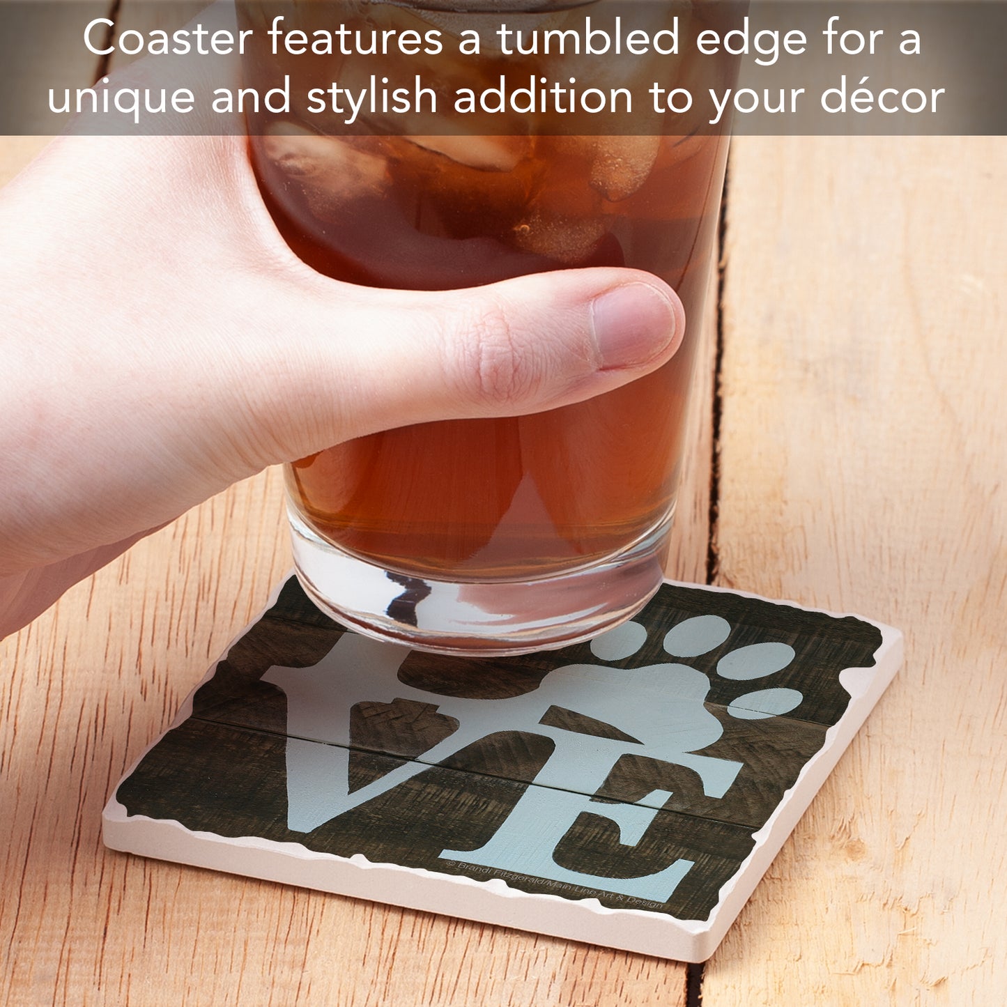 Thirstystone Love Paw Print Single Tumbled Tile Stone Coaster with Protective Cork Backing Manufactured in The USA 4" Square, Artistic, Easily Wipes Clean