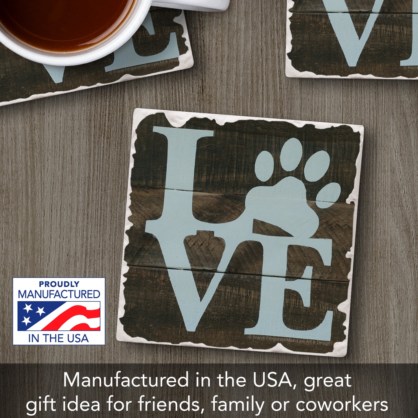 Thirstystone Love Paw Print Single Tumbled Tile Stone Coaster with Protective Cork Backing Manufactured in The USA 4" Square, Artistic, Easily Wipes Clean