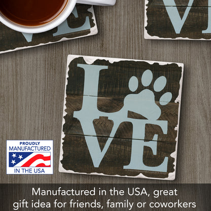 Thirstystone Love Paw Print Single Tumbled Tile Stone Coaster with Protective Cork Backing Manufactured in The USA 4" Square, Artistic, Easily Wipes Clean