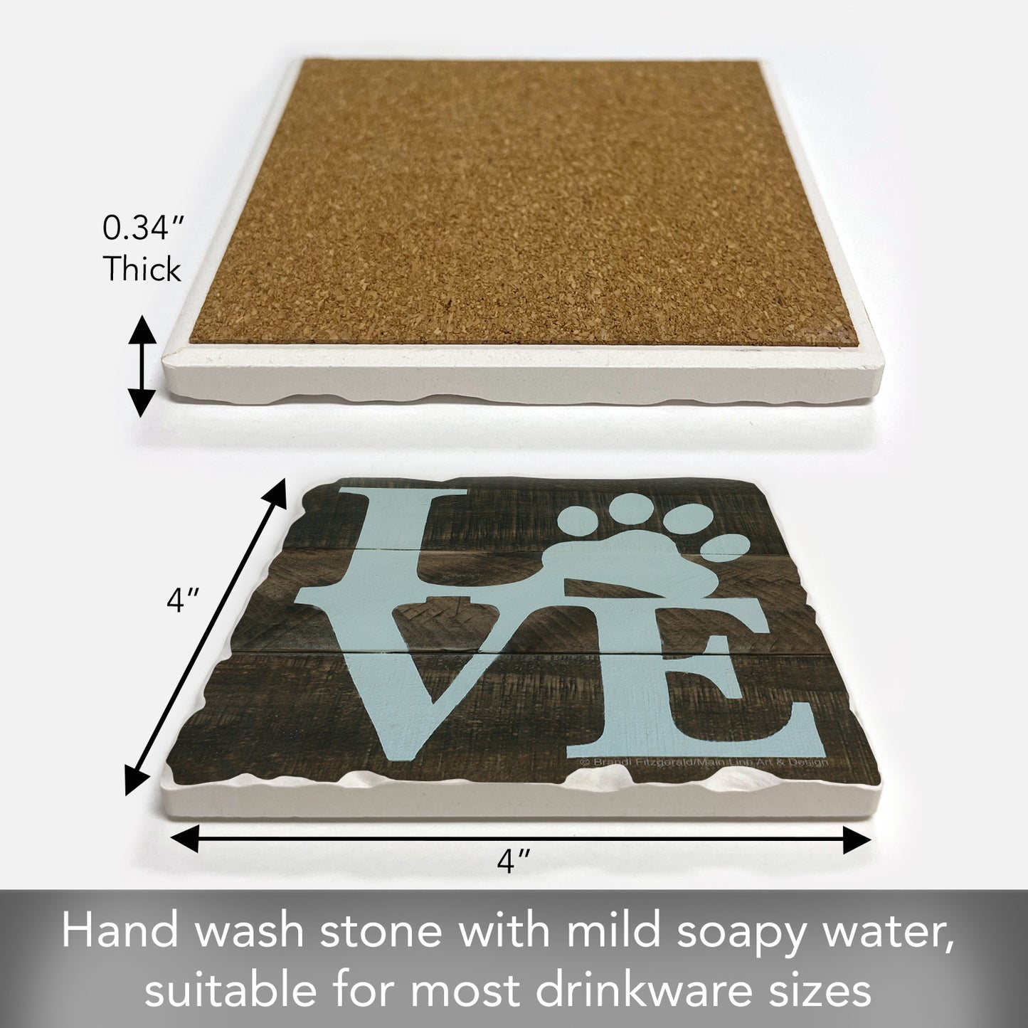 Thirstystone Love Paw Print Single Tumbled Tile Stone Coaster with Protective Cork Backing Manufactured in The USA 4" Square, Artistic, Easily Wipes Clean