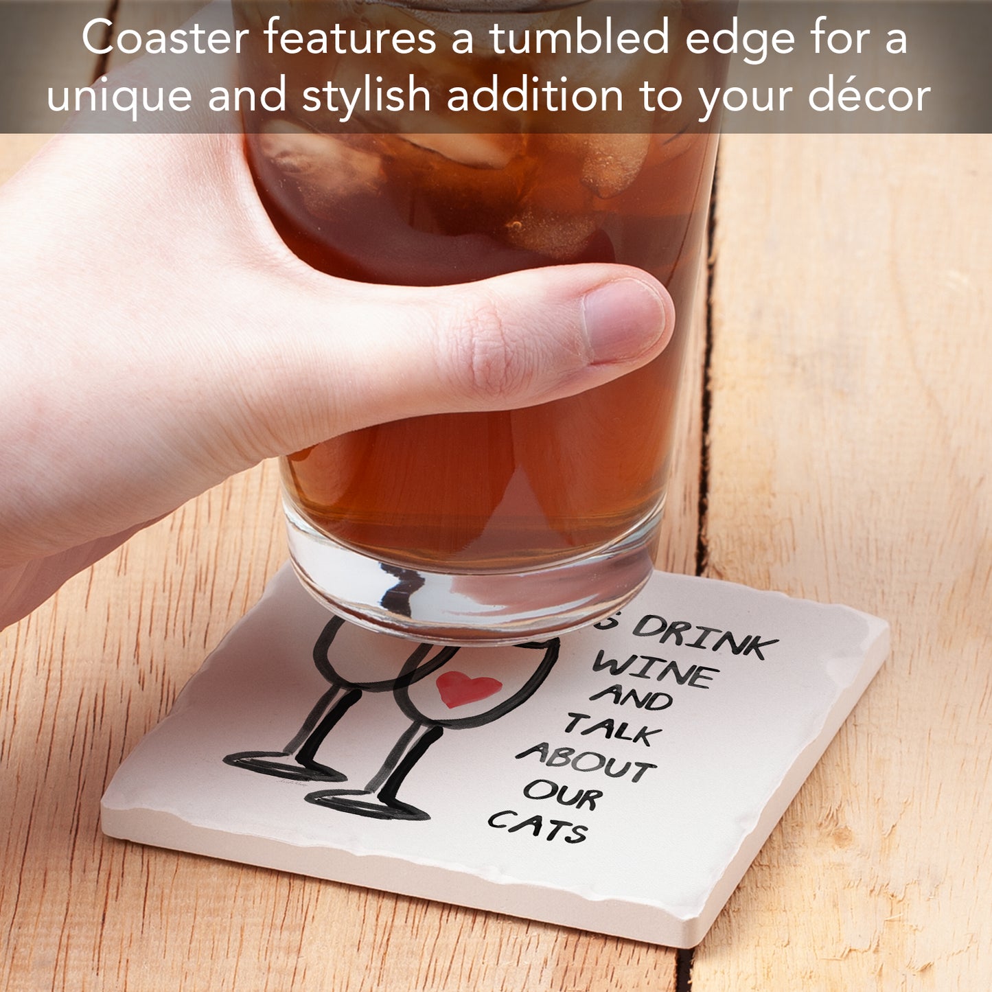 Thirstystone Wine & Cats Single Tumbled Tile Stone Coaster with Protective Cork Backing Manufactured in The USA 4" Square, Artistic, Easily Wipes Clean