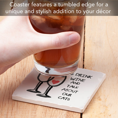 Thirstystone Wine & Cats Single Tumbled Tile Stone Coaster with Protective Cork Backing Manufactured in The USA 4" Square, Artistic, Easily Wipes Clean