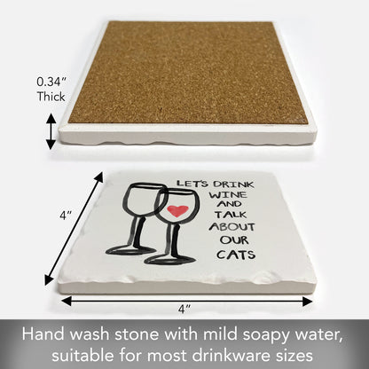 Thirstystone Wine & Cats Single Tumbled Tile Stone Coaster with Protective Cork Backing Manufactured in The USA 4" Square, Artistic, Easily Wipes Clean