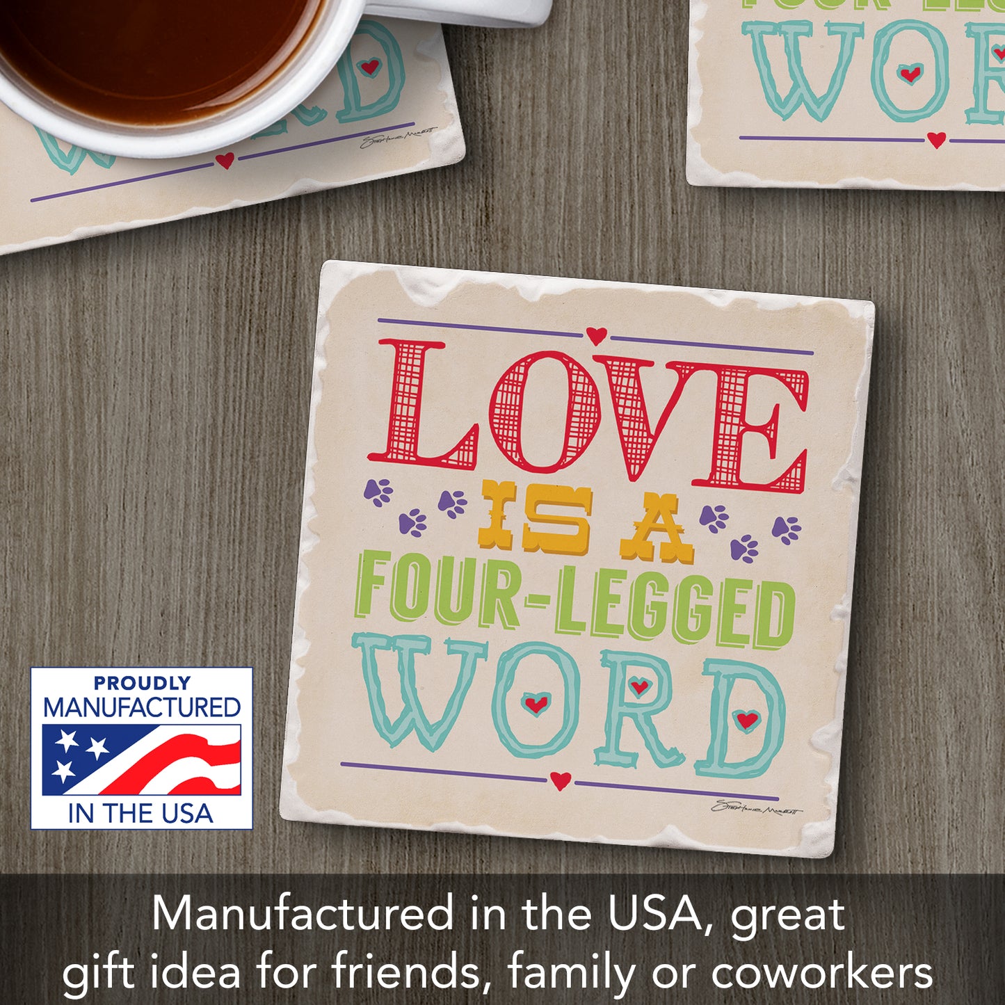 Thirstystone Love Four Legged Word Single Tumbled Tile Stone Coaster with Protective Cork Backing Manufactured in The USA 4" Square