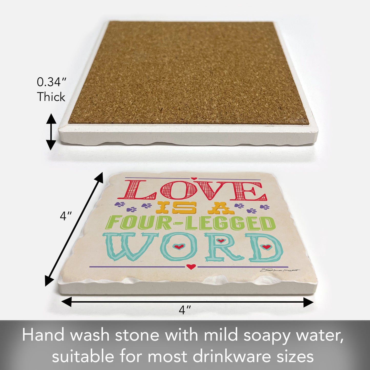 Thirstystone Love Four Legged Word Single Tumbled Tile Stone Coaster with Protective Cork Backing Manufactured in The USA 4" Square