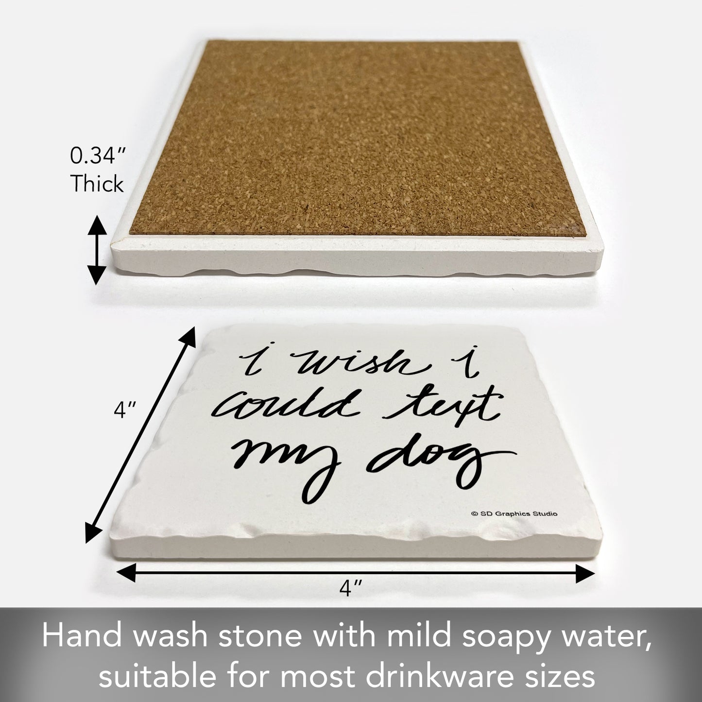Thirstystone Text My Dog Single Tumbled Tile Stone Coaster with Protective Cork Backing Manufactured in The USA 4" Square, Artistic, Easily Wipes Clean