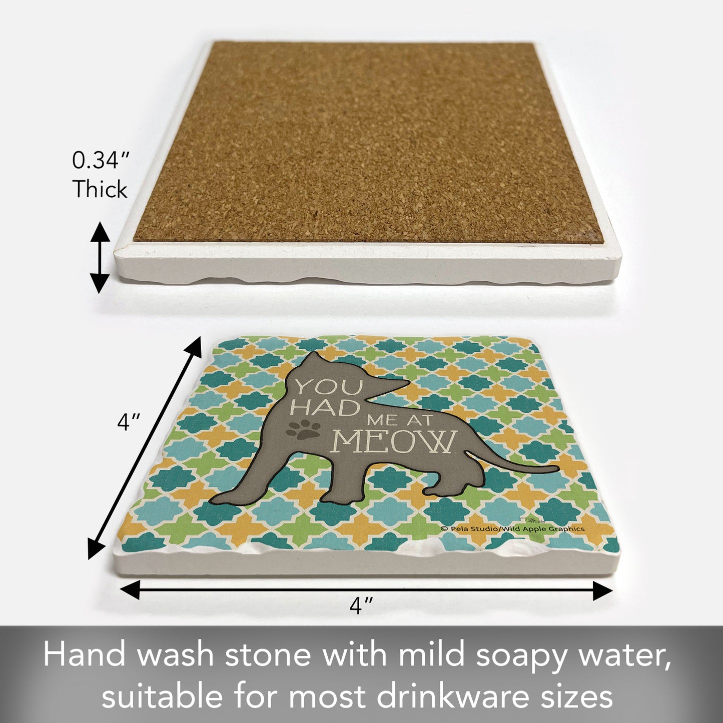 Thirstystone Had Me at Meow Single Tumbled Tile Stone Coaster with Protective Cork Backing Manufactured in The USA 4" Square, Artistic, Easily Wipes Clean