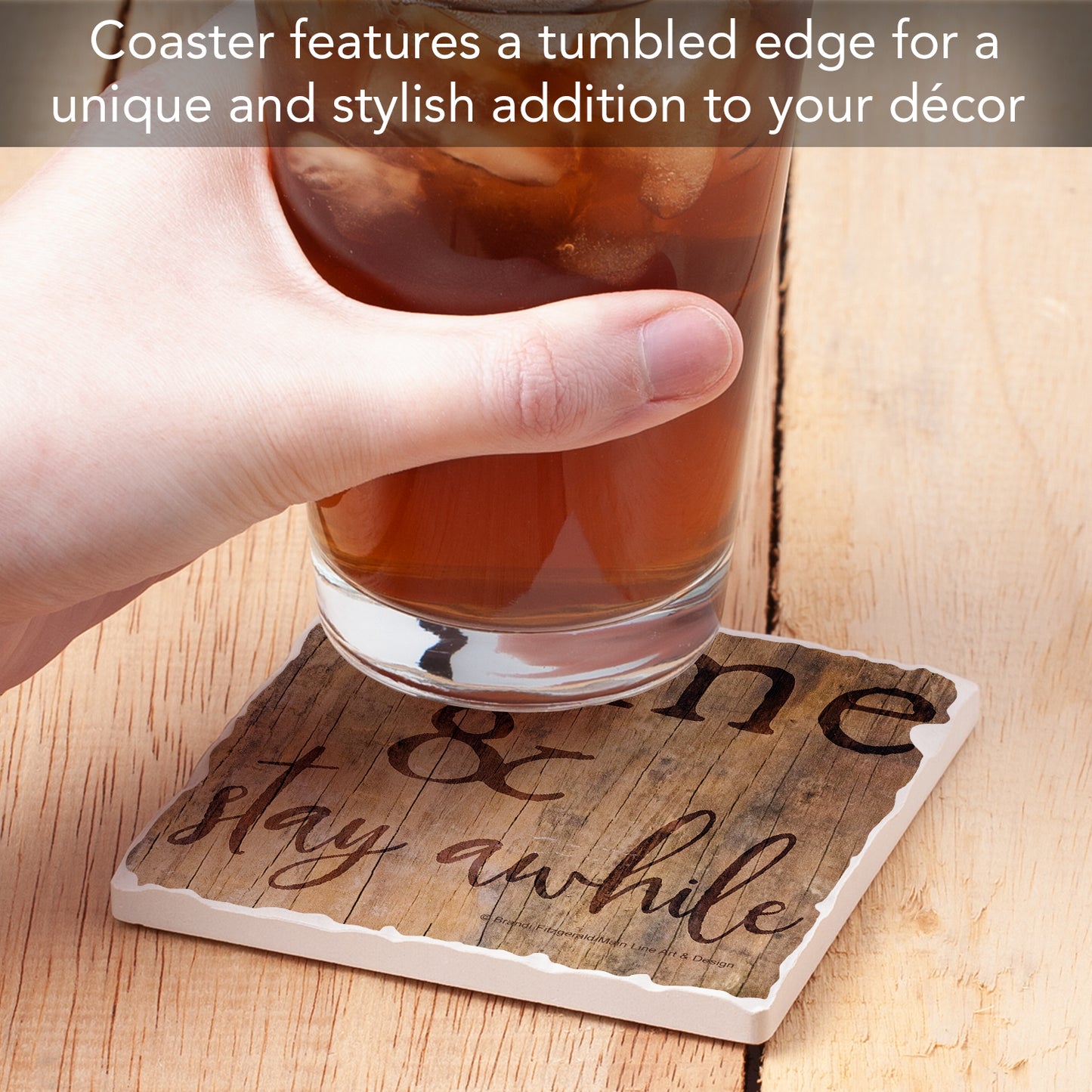 Thirstystone Stay Awhile Single Tumbled Tile Stone Coaster with Protective Cork Backing Manufactured in The USA 4" Square, Artistic, Easily Wipes Clean