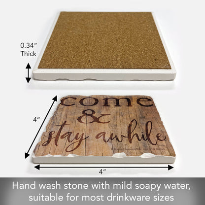 Thirstystone Stay Awhile Single Tumbled Tile Stone Coaster with Protective Cork Backing Manufactured in The USA 4" Square, Artistic, Easily Wipes Clean