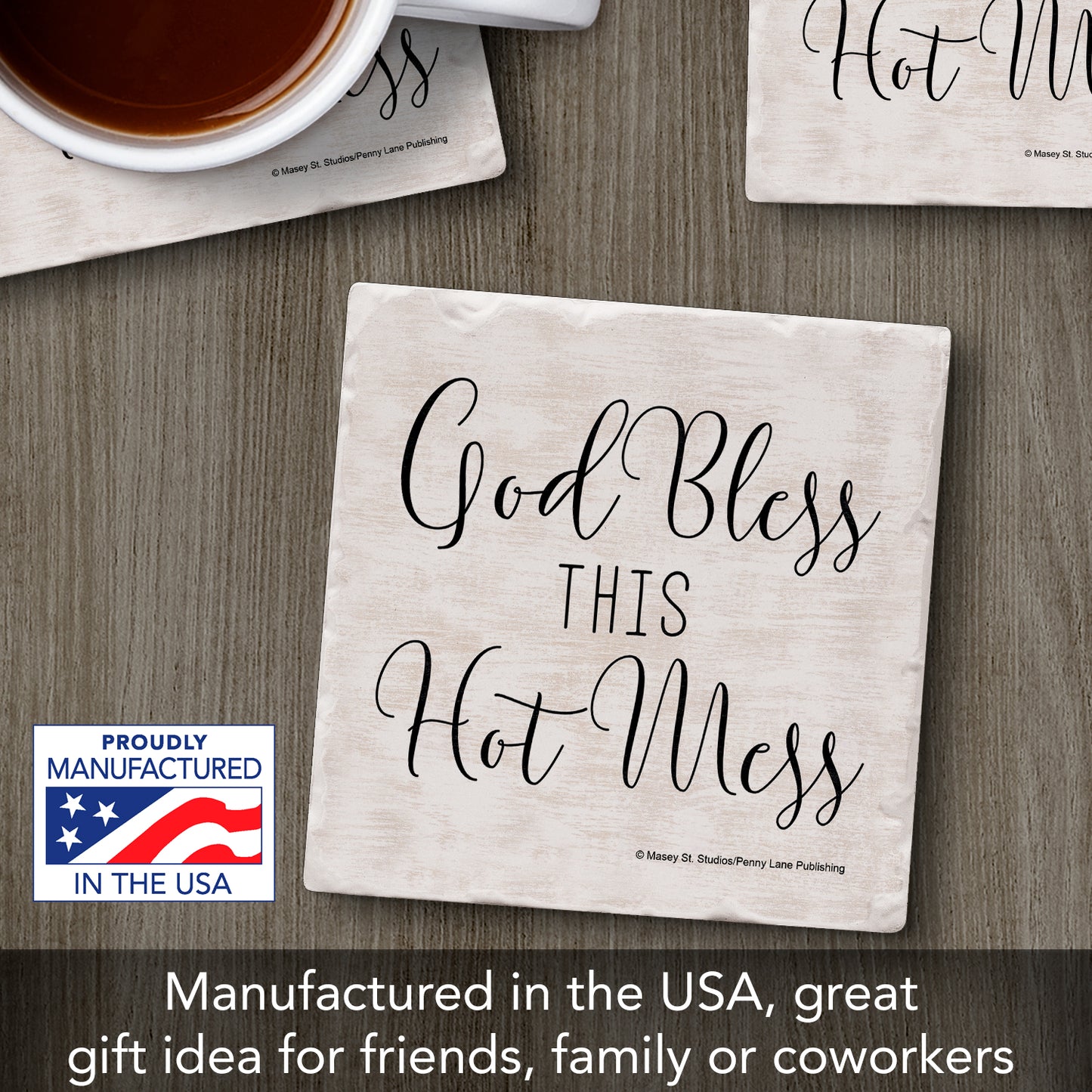 Thirstystone God Bless This Hot Mess Single Tumbled Tile Stone Coaster with Protective Cork Backing Manufactured in The USA 4" Square, Artistic, Easily Wipes Clean