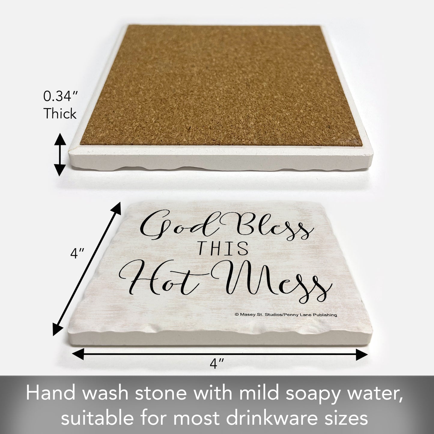Thirstystone God Bless This Hot Mess Single Tumbled Tile Stone Coaster with Protective Cork Backing Manufactured in The USA 4" Square, Artistic, Easily Wipes Clean