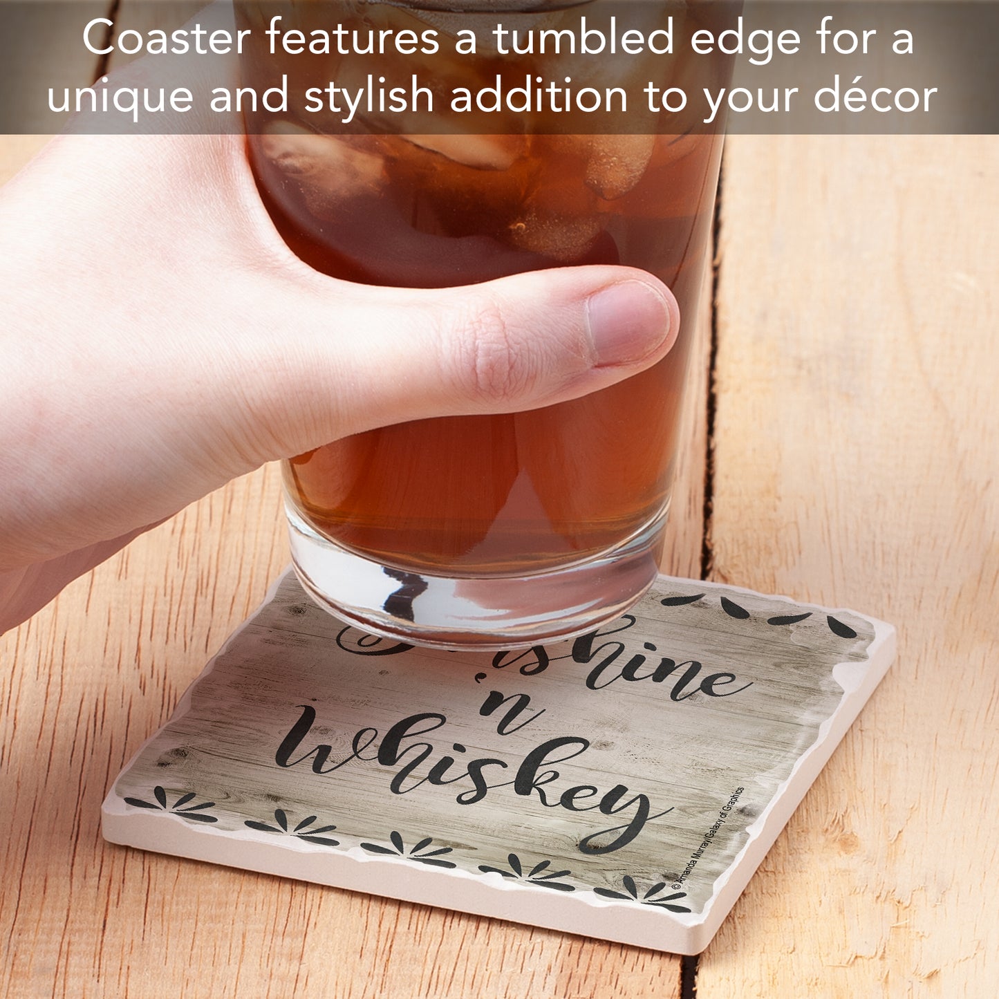 Thirstystone Sunshine & Whiskey Single Tumbled Tile Stone Coaster with Protective Cork Backing Manufactured in The USA 4" Square, Artistic, Easily Wipes Clean