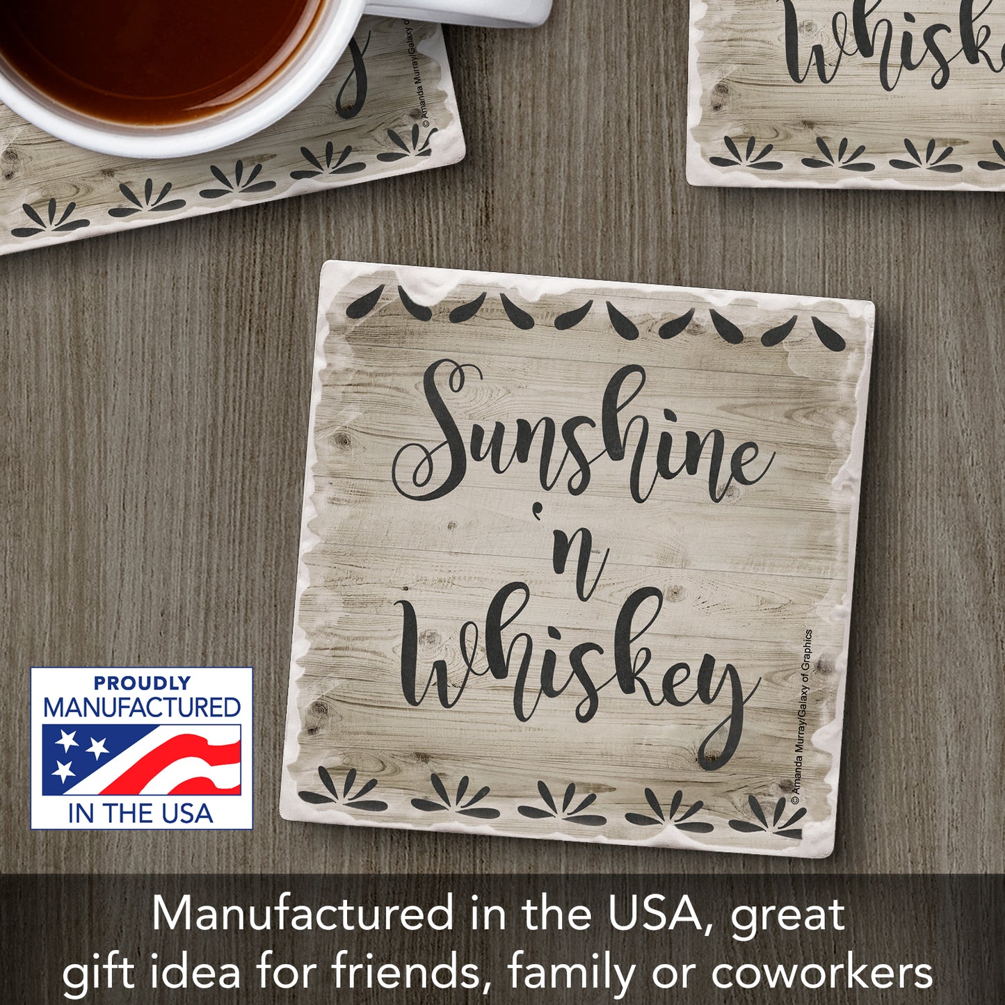 Thirstystone Sunshine & Whiskey Single Tumbled Tile Stone Coaster with Protective Cork Backing Manufactured in The USA 4" Square, Artistic, Easily Wipes Clean