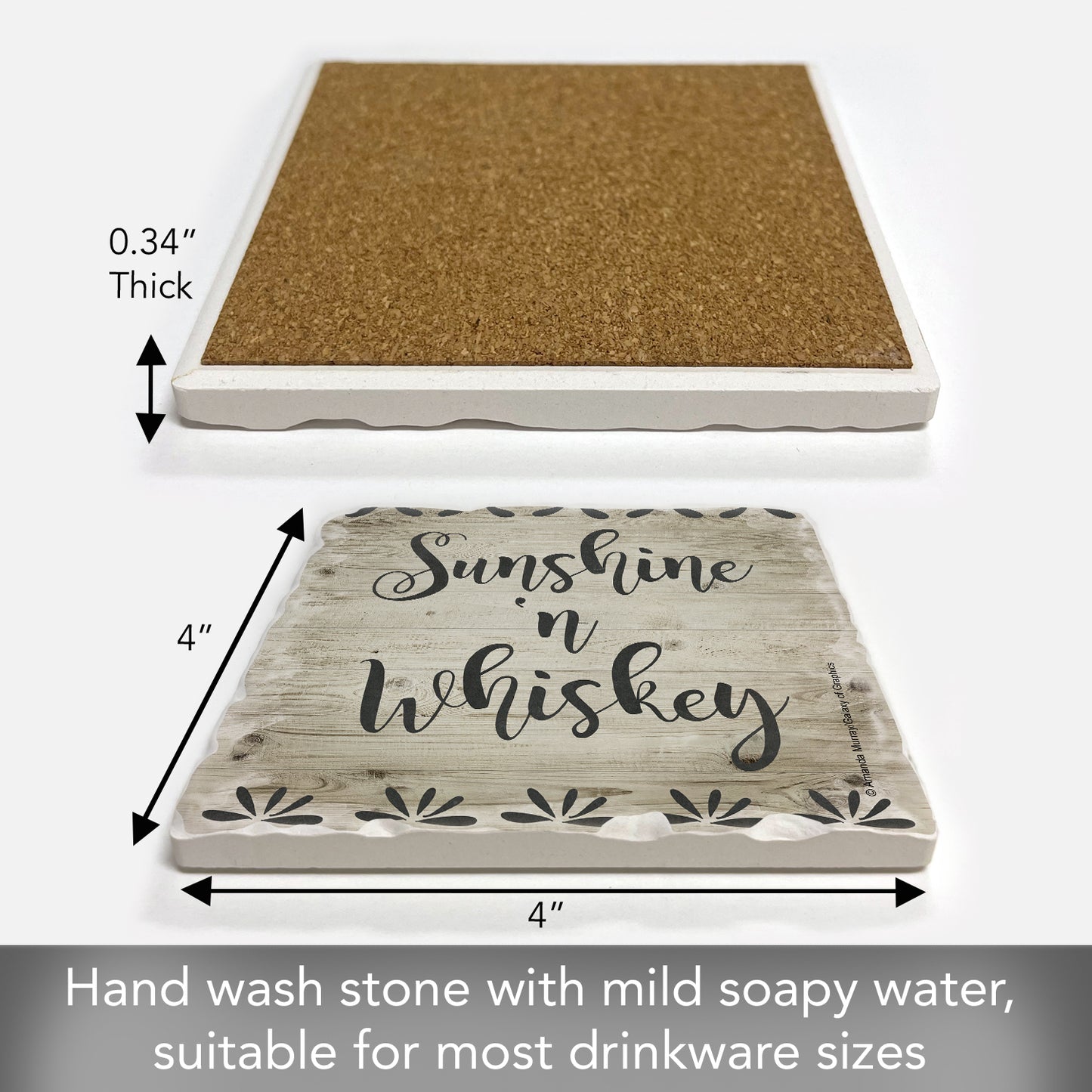 Thirstystone Sunshine & Whiskey Single Tumbled Tile Stone Coaster with Protective Cork Backing Manufactured in The USA 4" Square, Artistic, Easily Wipes Clean