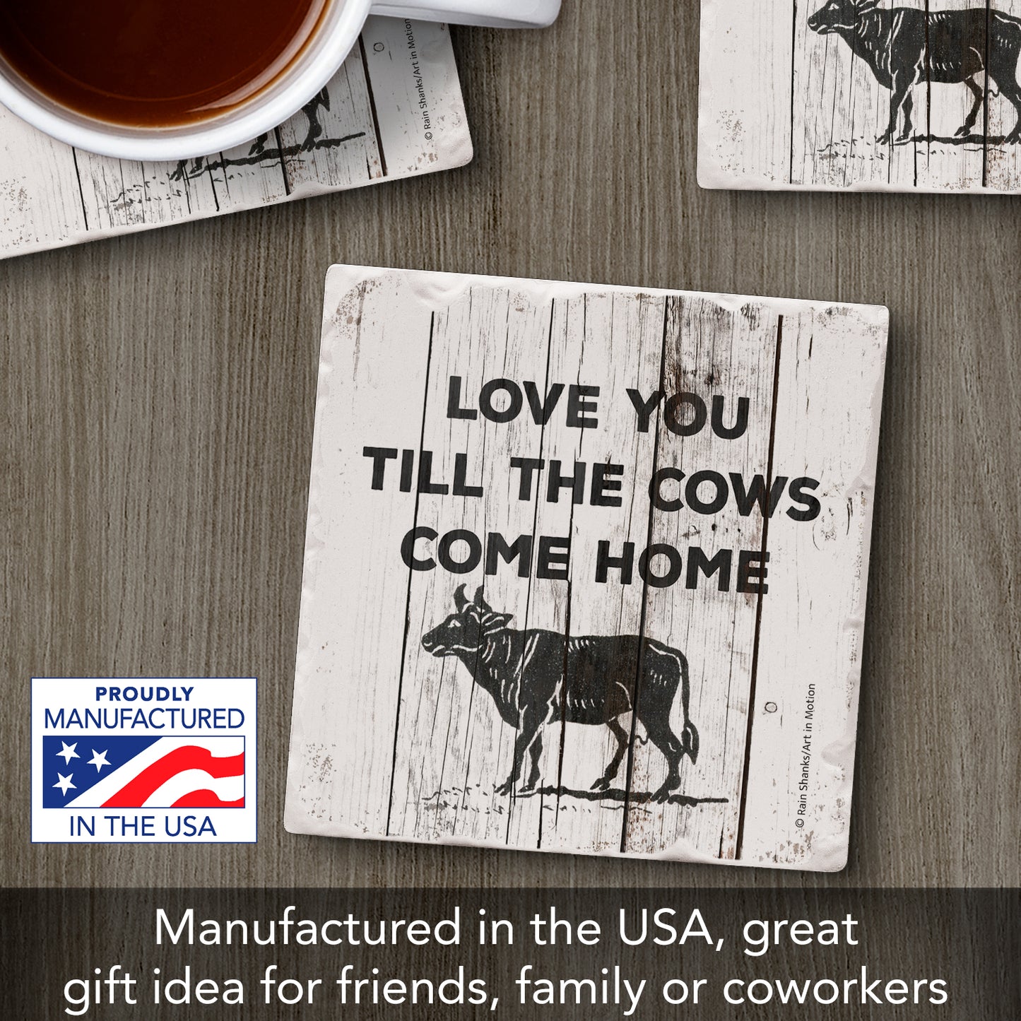 Thirstystone Until The Cows Come Home Single Tumbled Tile Stone Coaster with Protective Cork Backing Manufactured in The USA 4" Square, Artistic, Easily Wipes Clean