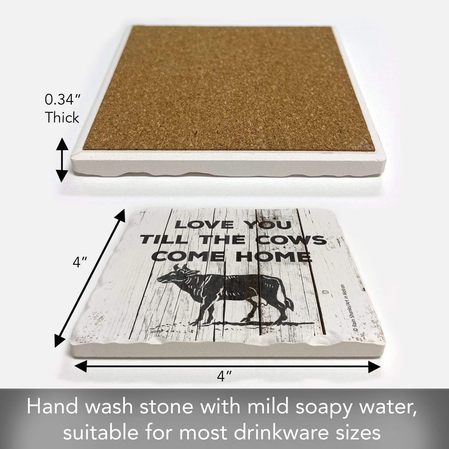 Thirstystone Until The Cows Come Home Single Tumbled Tile Stone Coaster with Protective Cork Backing Manufactured in The USA 4" Square, Artistic, Easily Wipes Clean