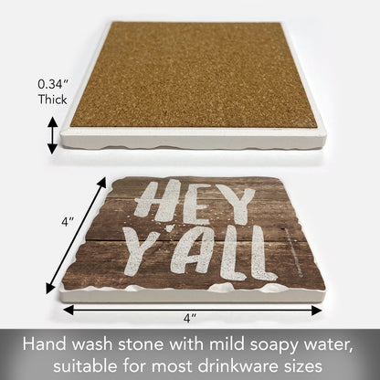 Thirstystone Hey Ya'll Single Tumbled Tile Stone Coaster with Protective Cork Backing Manufactured in The USA 4" Square, Artistic, Easily Wipes Clean