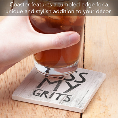 Thirstystone Kiss My Grits Single Tumbled Tile Stone Coaster with Protective Cork Backing Manufactured in The USA 4" Square, Artistic, Easily Wipes Clean