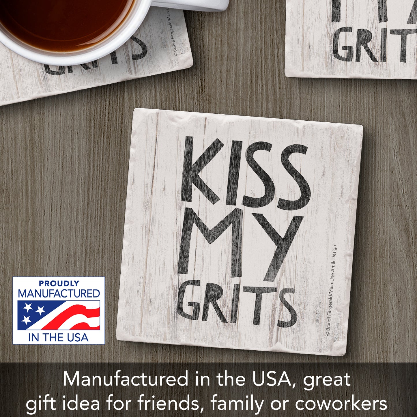 Thirstystone Kiss My Grits Single Tumbled Tile Stone Coaster with Protective Cork Backing Manufactured in The USA 4" Square, Artistic, Easily Wipes Clean