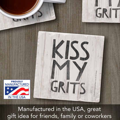 Thirstystone Kiss My Grits Single Tumbled Tile Stone Coaster with Protective Cork Backing Manufactured in The USA 4" Square, Artistic, Easily Wipes Clean