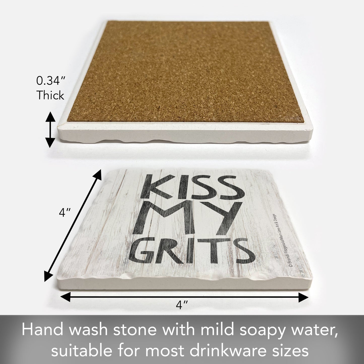 Thirstystone Kiss My Grits Single Tumbled Tile Stone Coaster with Protective Cork Backing Manufactured in The USA 4" Square, Artistic, Easily Wipes Clean
