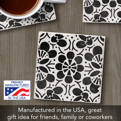 Thirstystone Black Flowers Single Tumbled Tile Stone Coaster with Protective Cork Backing Manufactured in The USA 4" Square, Colorful, Artistic, Easily Wipes Clean