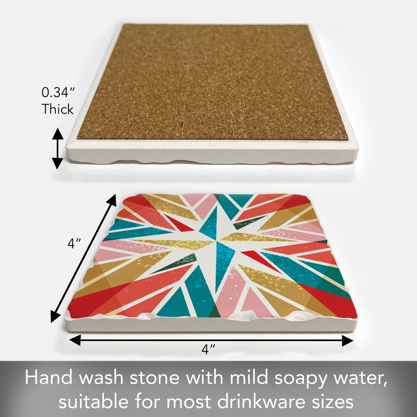 Thirstystone Retro Holiday Star Single Absorbent Stone Coaster with Protective Cork Backing Manufactured in The USA 4" Square, Artistic, Easily Wipes Clean