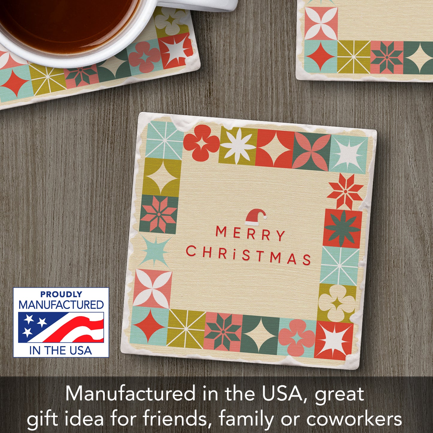 Thirstystone Retro Merry Christmas Single Tumbled Tile Coaster with Protective Cork Backing Manufactured in The USA 4" Square, Artistic, Easily Wipes Clean