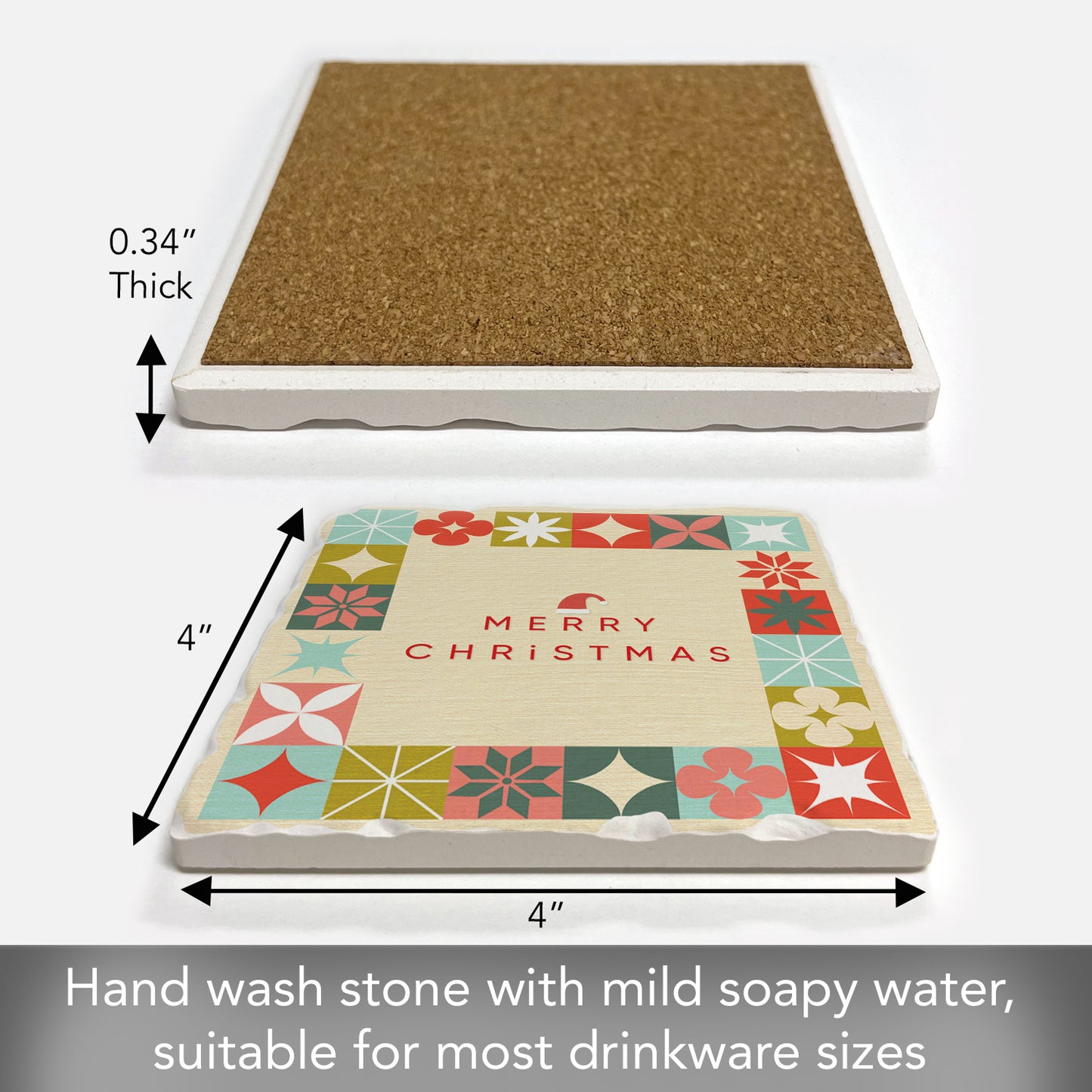 Thirstystone Retro Merry Christmas Single Tumbled Tile Coaster with Protective Cork Backing Manufactured in The USA 4" Square, Artistic, Easily Wipes Clean
