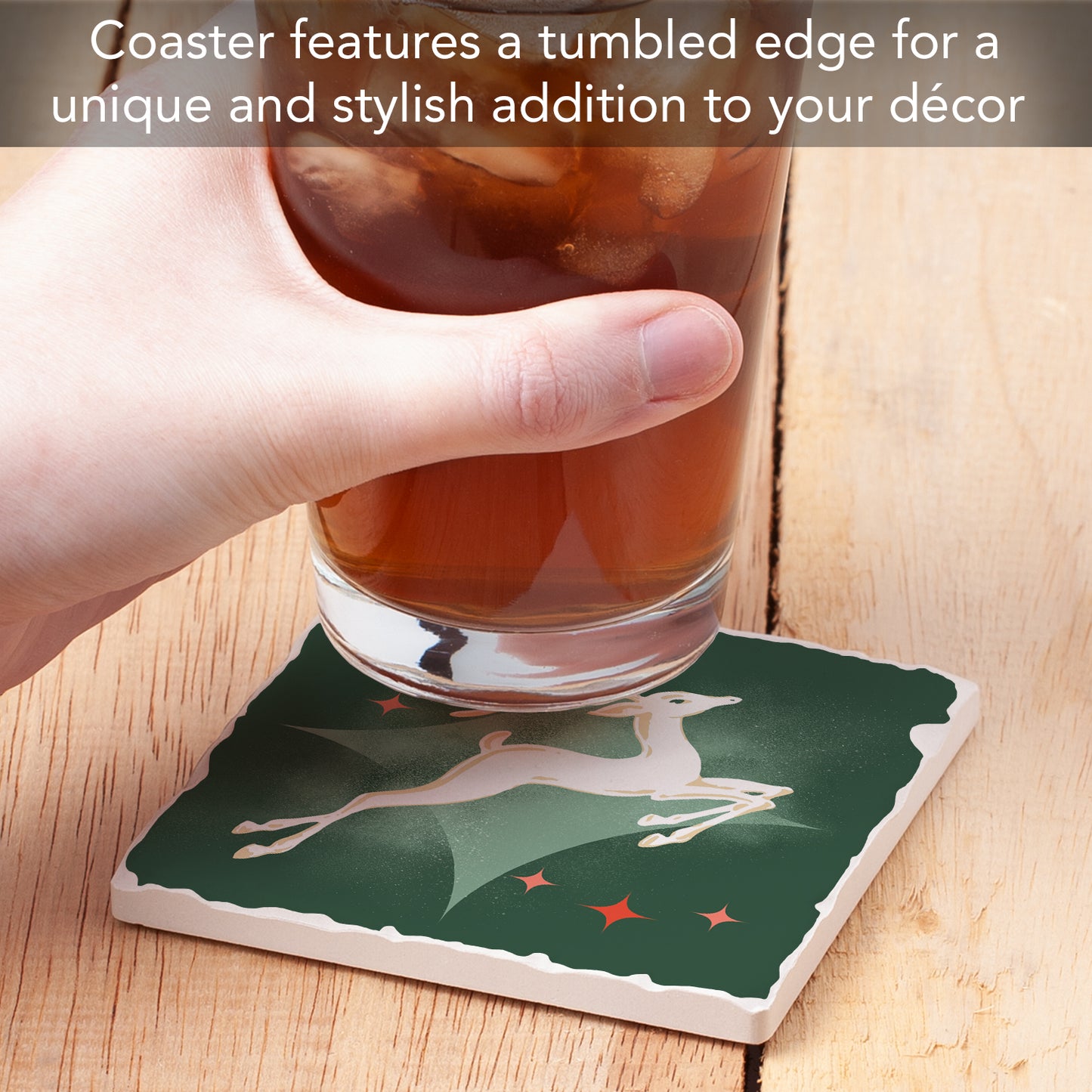 Thirstystone Dashing Reindeer Single Absorbent Stone Coaster with Protective Cork Backing Manufactured in The USA 4" Square, Artistic, Easily Wipes Clean