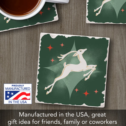Thirstystone Dashing Reindeer Single Absorbent Stone Coaster with Protective Cork Backing Manufactured in The USA 4" Square, Artistic, Easily Wipes Clean