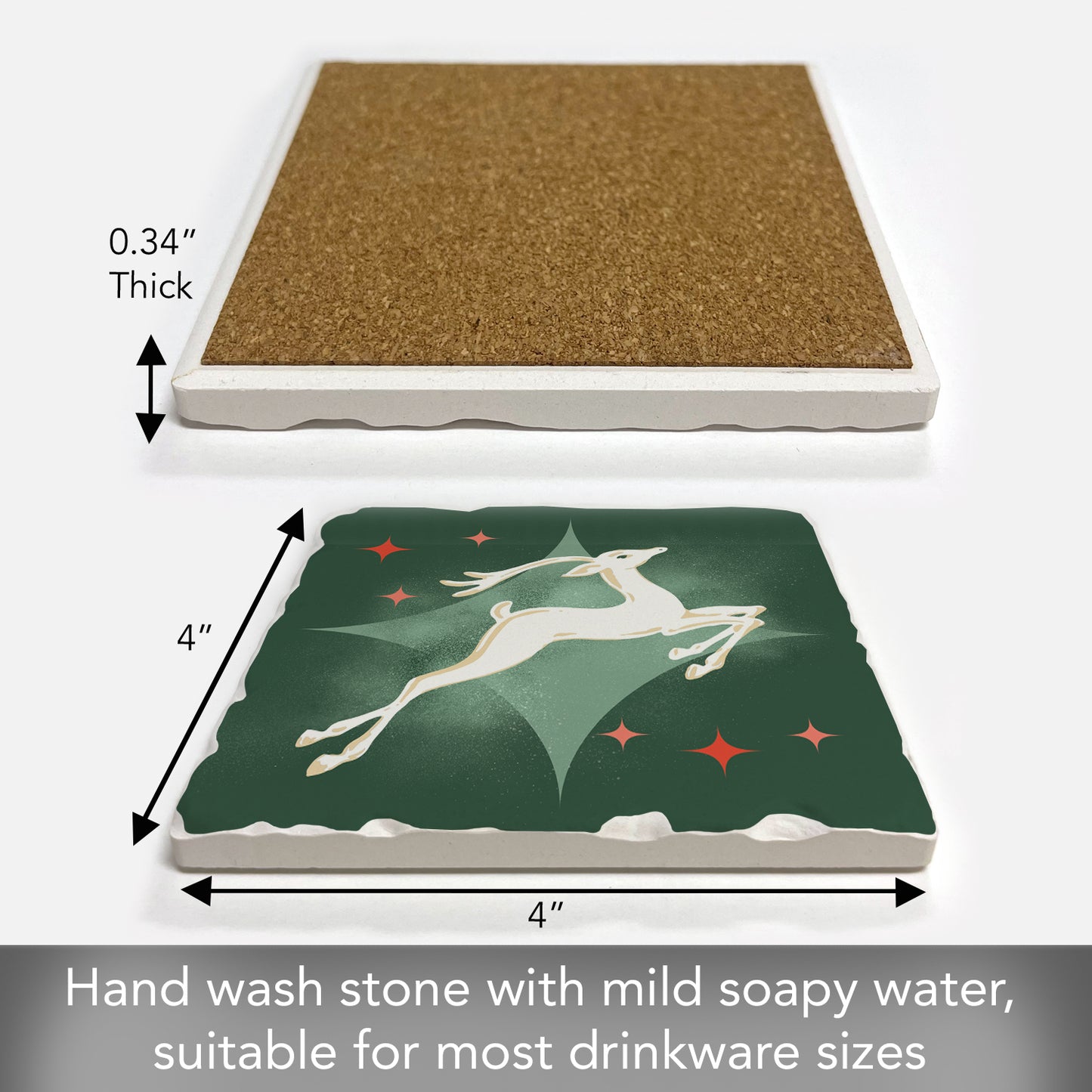 Thirstystone Dashing Reindeer Single Absorbent Stone Coaster with Protective Cork Backing Manufactured in The USA 4" Square, Artistic, Easily Wipes Clean