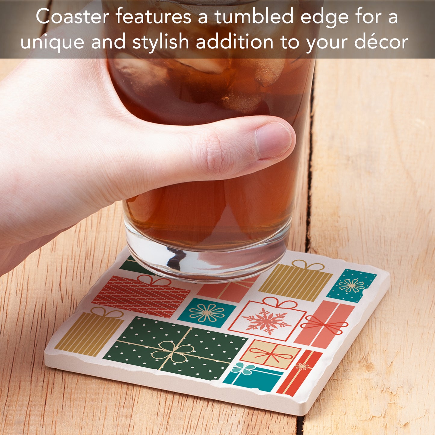 Thirstystone Holiday Packages Single Absorbent Stone Coaster with Protective Cork Backing Manufactured in The USA 4" Square, Artistic, Easily Wipes Clean
