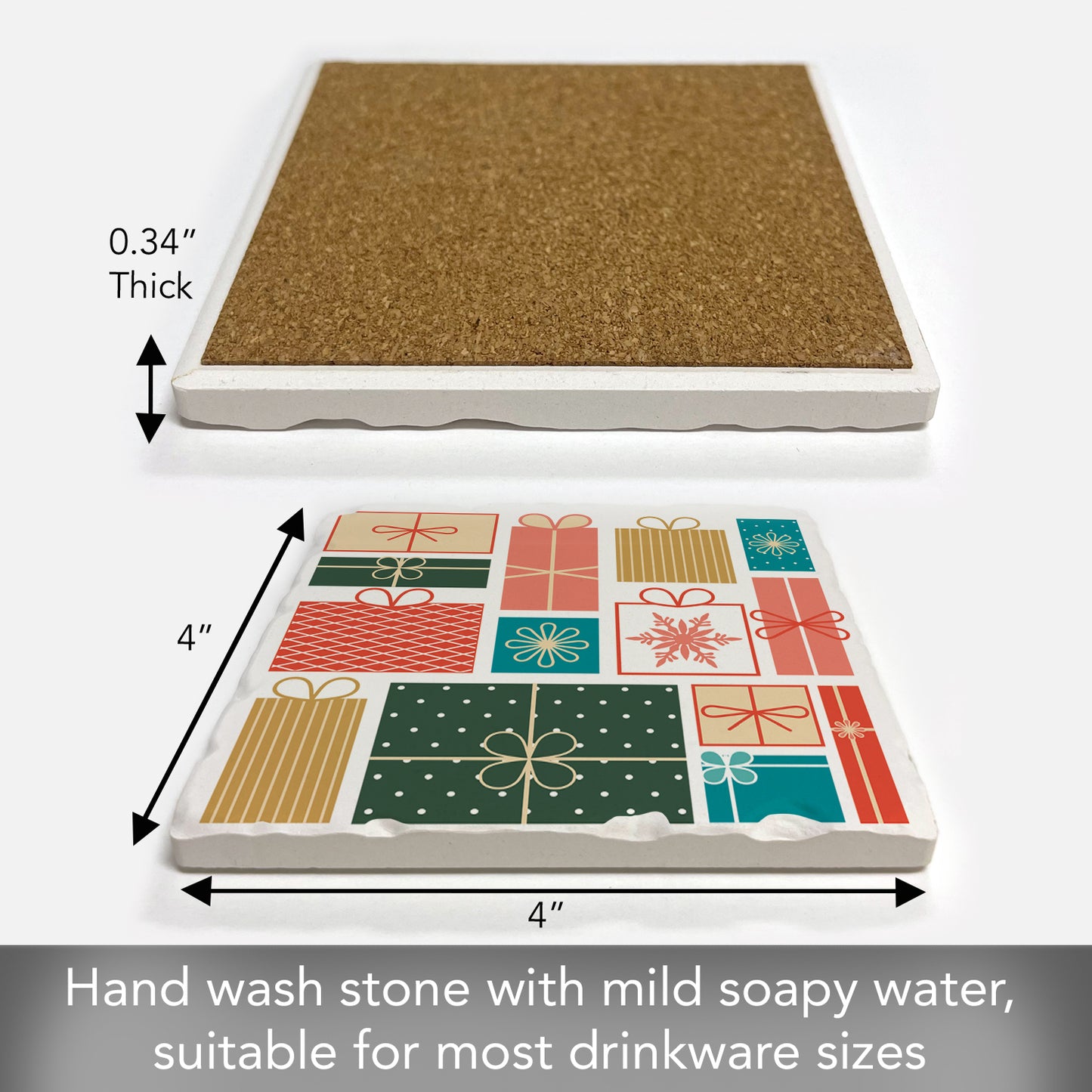 Thirstystone Holiday Packages Single Absorbent Stone Coaster with Protective Cork Backing Manufactured in The USA 4" Square, Artistic, Easily Wipes Clean