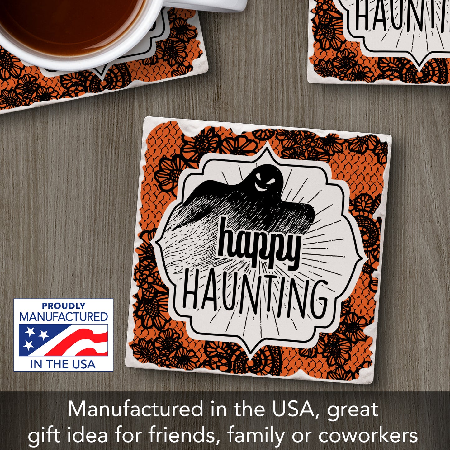 Thirstystone Happy Haunting Single Tumbled Tile Stone Coaster with Protective Cork Backing Manufactured in The USA 4" Square, Colorful, Artistiic, Easily Wipes Clean